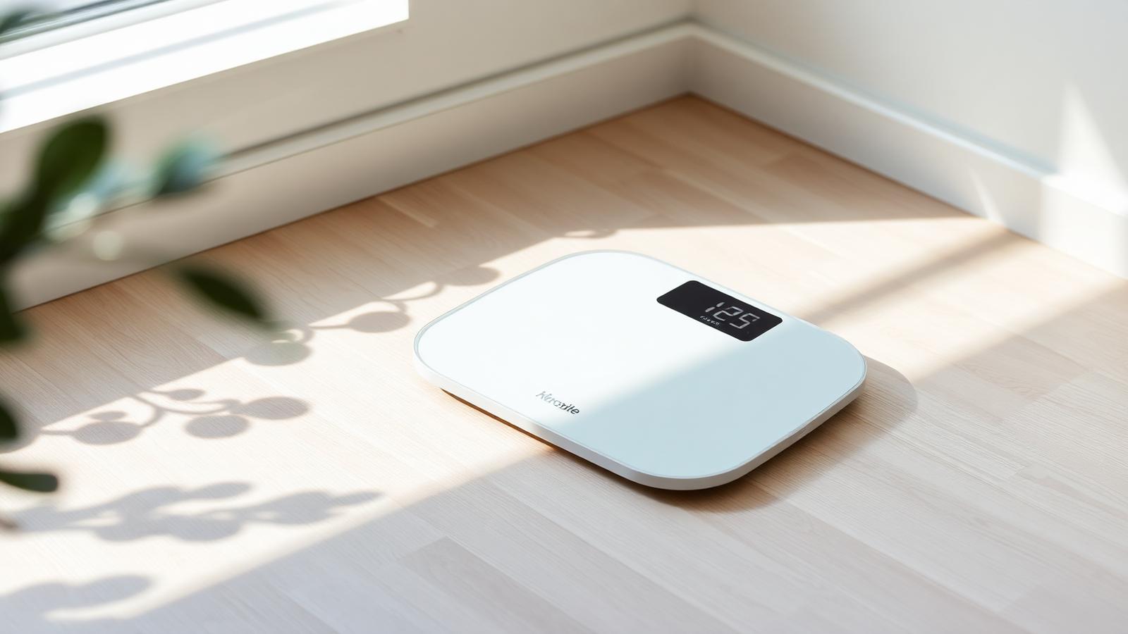 Balança de composição corporal em piso de madeira com luz natural — artigo