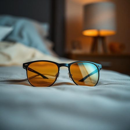 Óculos com filtro de luz azul (lente âmbar) sobre a cama, com abajur de luz quente ao fundo
