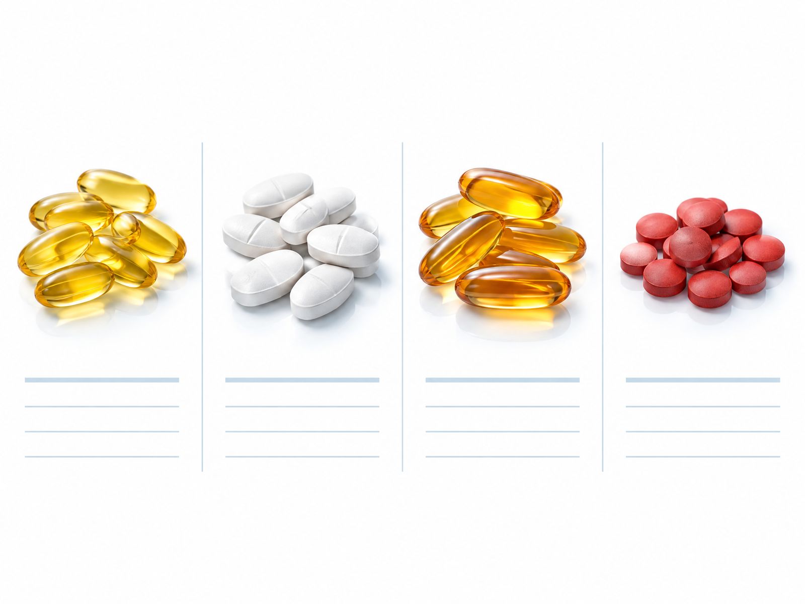 Quatro grupos de suplementos genéricos organizados para comparação
