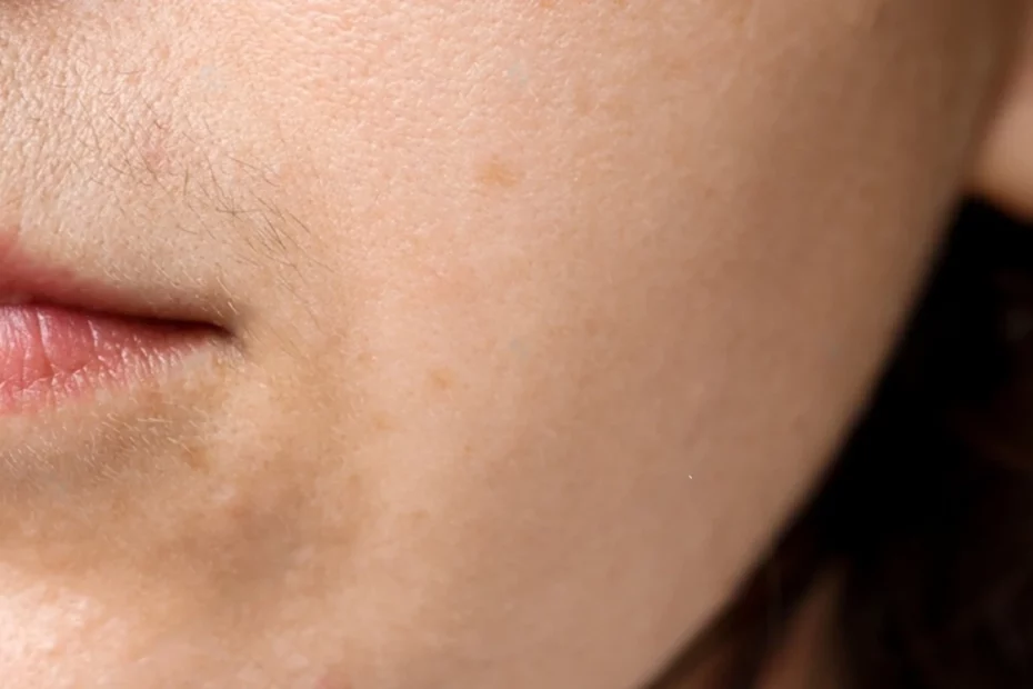 Um close-up dos lábios de uma mulher destacando o hirsutismo.
