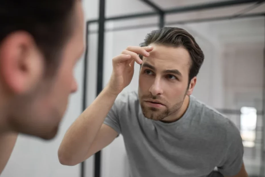 Homem se olhando no espelho verificando o cabelo após o tratamento com finasterida