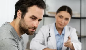 Homem conversando sobre Micropênis com médica em um consultório